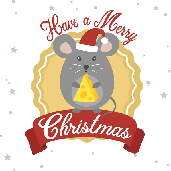 Sevimli gri fare, santa şapka, vektör illüstrasyon