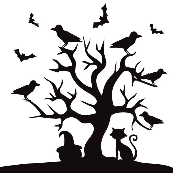 Horreur Arbre Halloween Art Chat Illustration Vectorielle — Image vectorielle