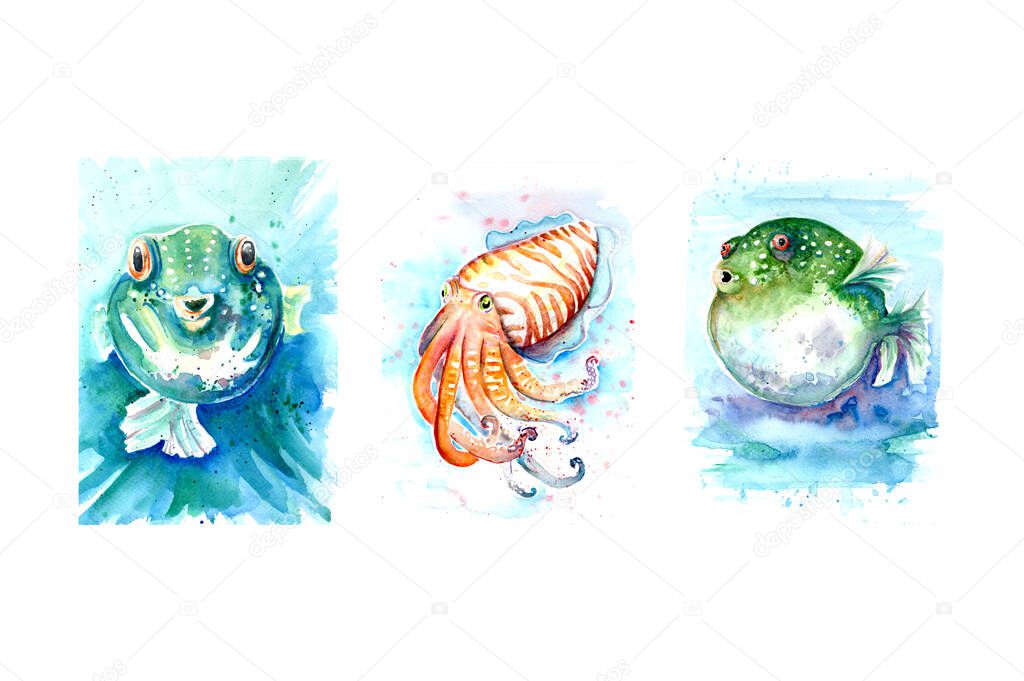 Aquarelle painting of fish sketch art illustration