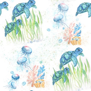 Deniz hayvanlarının Aquarelle tablosu resim çizimi
