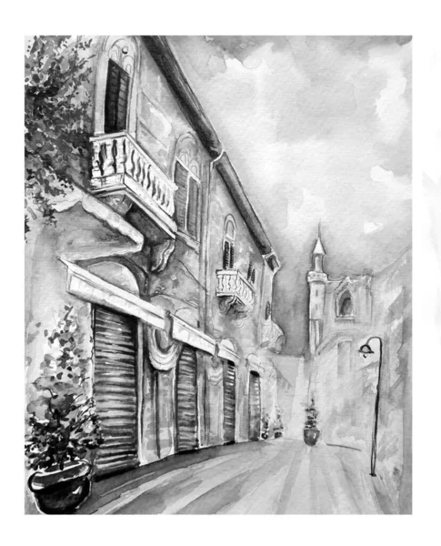 Pintura Acuarela Ilustración Arte Boceto Calle Antigua Vintage —  Fotos de Stock
