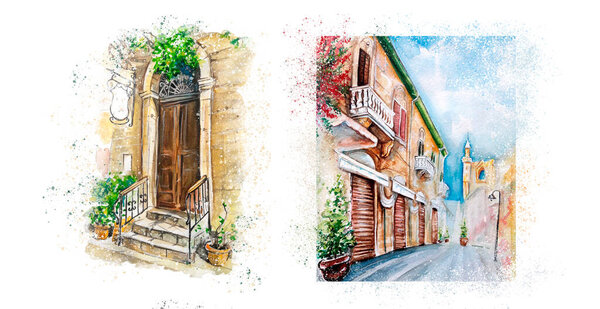 Старинная городская акварельная иллюстрация