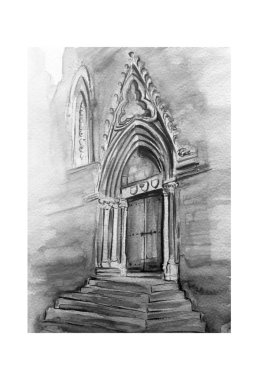 Eski moda kapı çizimi suluboya çizimi