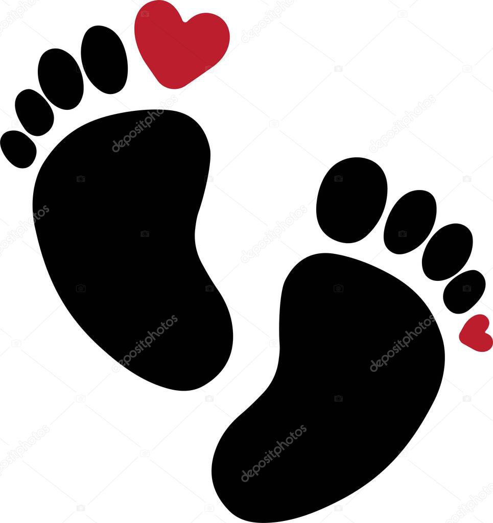 Print Black footprint, red, heart, silhouette. vector illustration