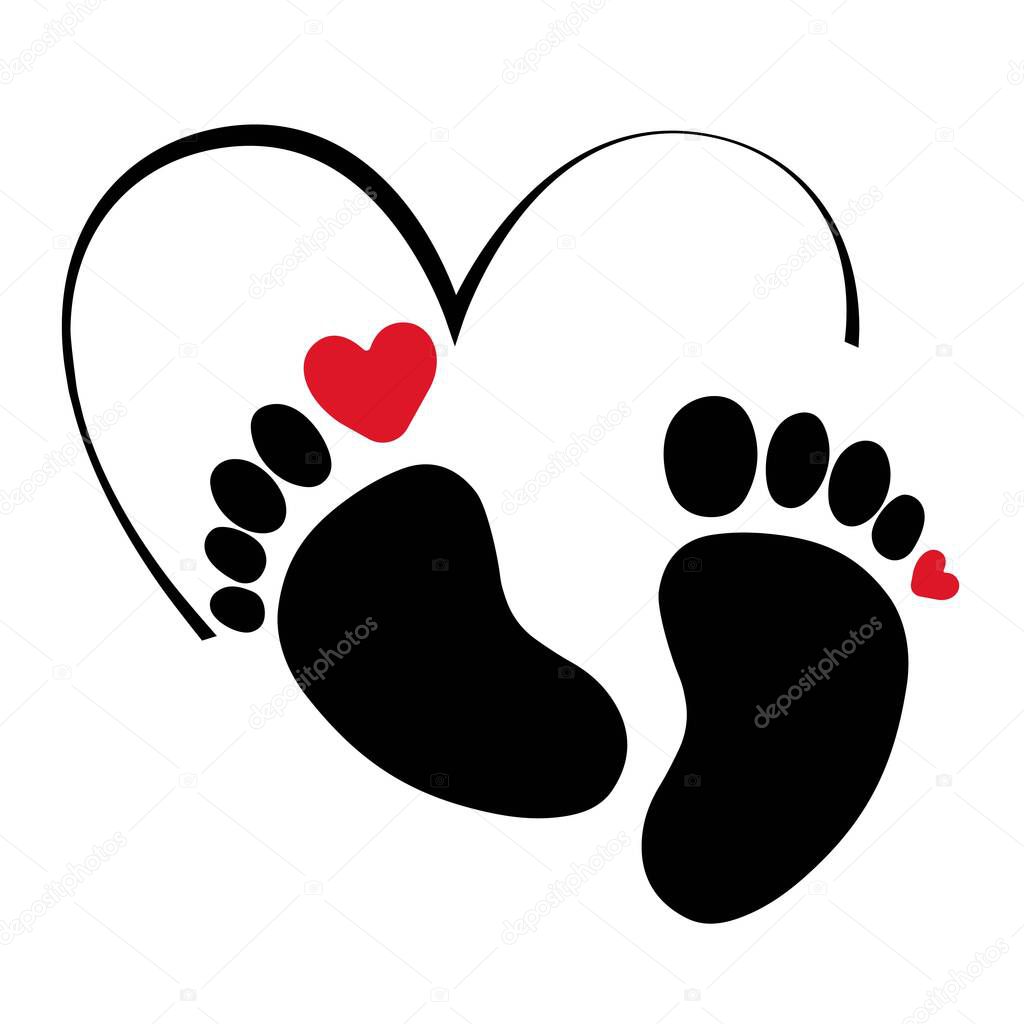 Print Black footprint, red, heart, silhouette. vector illustration