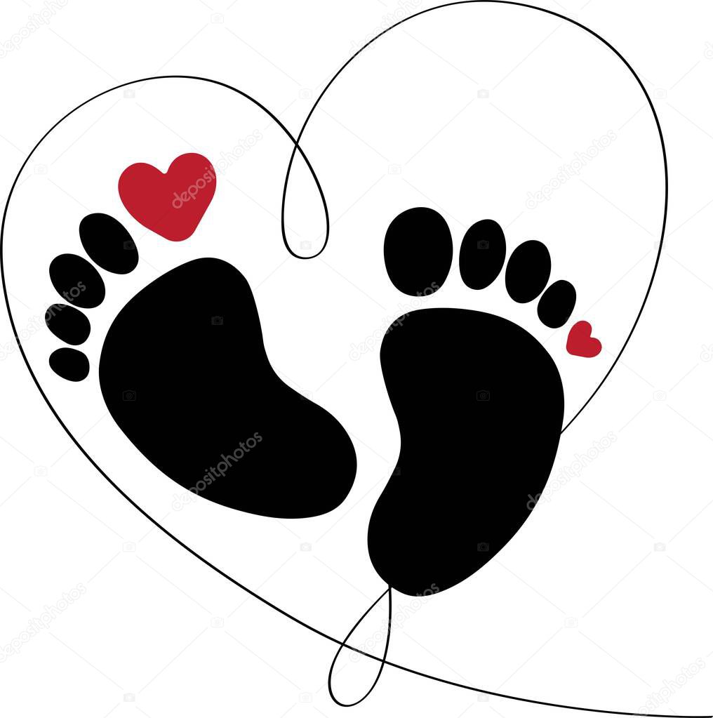 Print Black footprint, red, heart, silhouette. vector illustration