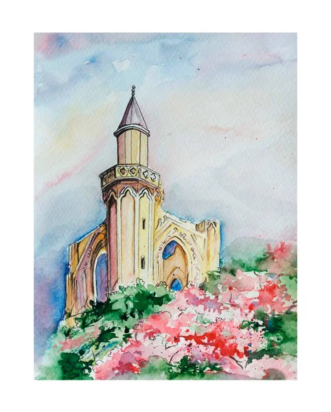 Aquarelle Arte Esboço Catedral Ilustração Fundo — Fotografia de Stock