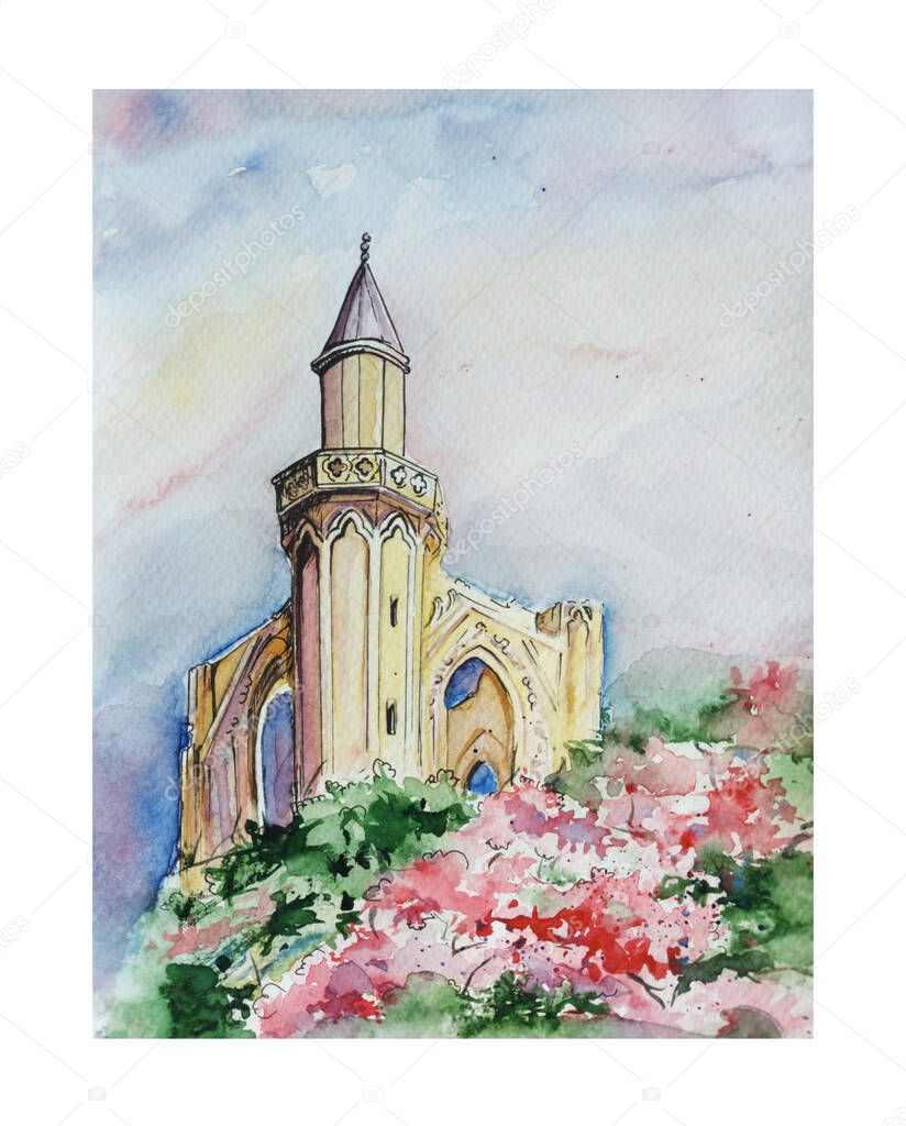 Aquarelle of cathedral sketch art, background illustration