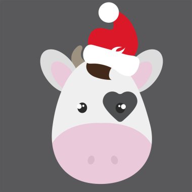 Komik İnek Yazdır, Noel Baba Şapkası, vektör illüstrasyonu