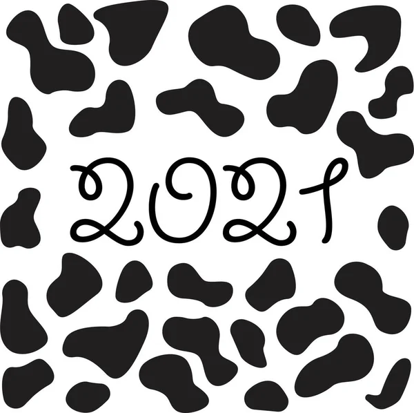 Print Pattern Number 2021 New Year Cow Black Spots Cartoon — Stock Vector