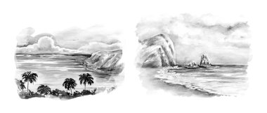 Deniz kenarı çizim seti, arka plan illüstrasyonu.