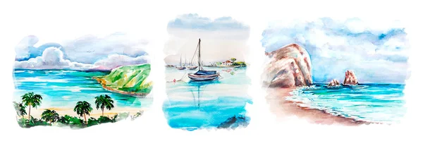 Aquarelle Uppsättning Havet Skiss Konst Bakgrund Illustration — Stockfoto