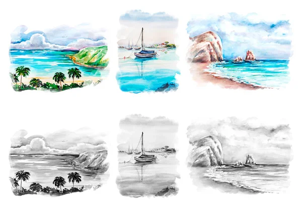 Aquarelle Set Van Kust Schets Kunst Achtergrond Illustratie — Stockfoto