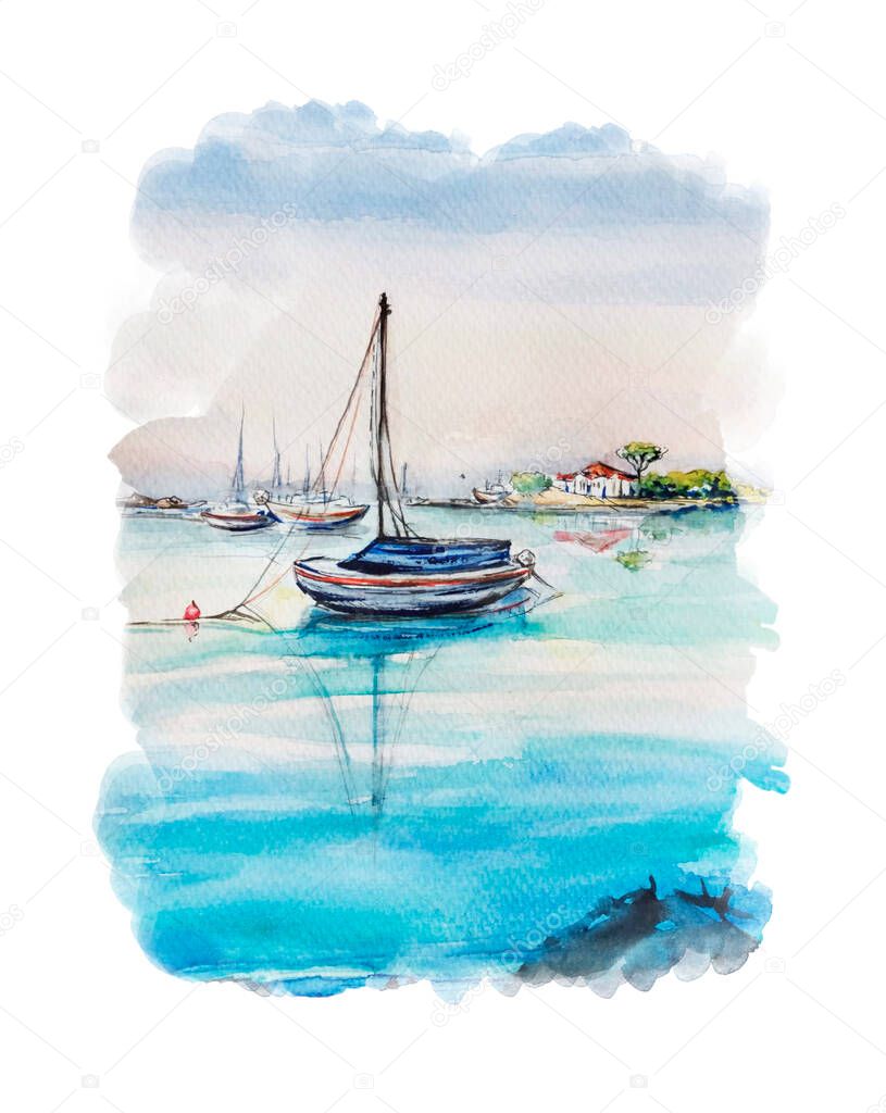 Aquarelle set of seaside sketch art, background illustration