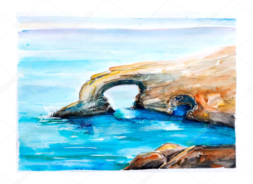 Aquarelle painting  art of Love bridge, Ayia Napa, Cyprus