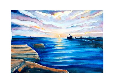 Deniz kenarındaki Aquarelle tablosu. Kıbrıs, illüstrasyon sanatı.