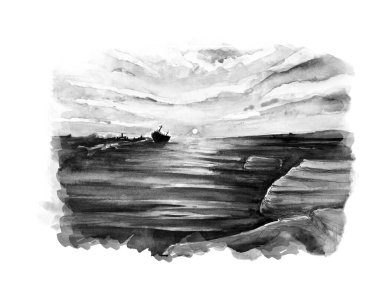 Deniz kenarındaki Aquarelle tablosu. Kıbrıs, illüstrasyon sanatı.