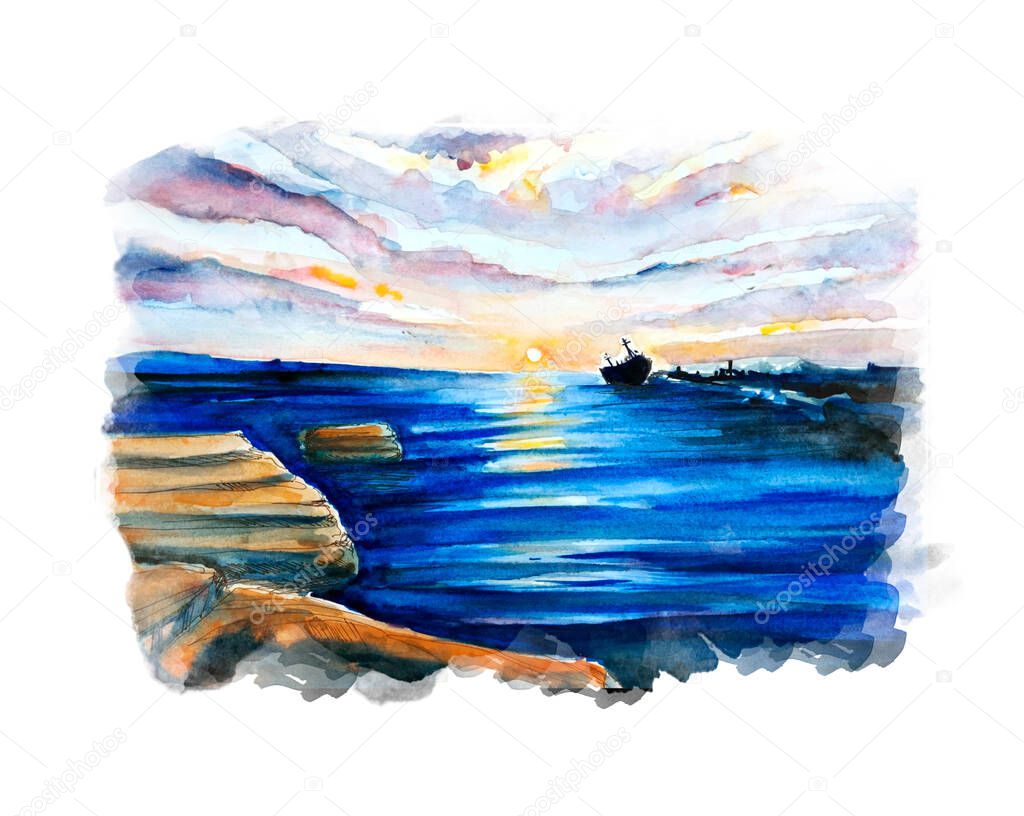Aquarelle painting of seaside. Cyprus, illustration art.