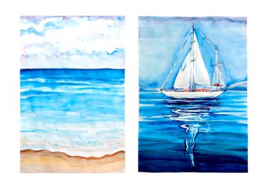 Deniz kenarındaki Aquarelle tablosu koleksiyonu. El çizimi, çizim sanatı.
