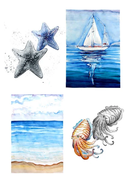 Coleção Aquarelle Pintura Beira Mar Desenho Mão Ilustração Arte — Fotografia de Stock