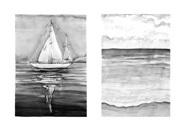 Samling Aquarelle Målning Havet Handteckning Illustrationskonst — Stockfoto