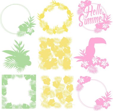 El çizimi siluet arka plan koleksiyonunu yazdır. Vektör palmiye yaprağı, çiçekler. Tasarım elementi.