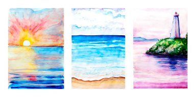  Deniz kenarındaki Aquarelle tablosu koleksiyonu. El çizimi, çizim sanatı.