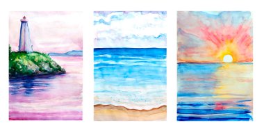  Deniz kenarındaki Aquarelle tablosu koleksiyonu. El çizimi, çizim sanatı.