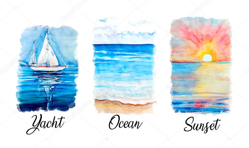  Collection Aquarelle painting of yacht, ocean, sunset. Hand drawing, illustration art.