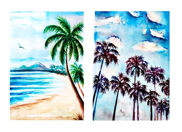 Collection Aquarelle Painting Seaside Hand Drawing Illustration Art — Stock Photo, Image