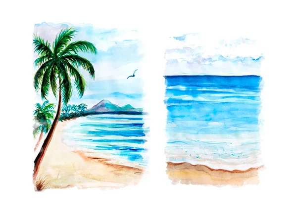 コレクション海辺の水彩画 手描きイラストアート — ストック写真