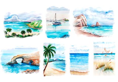 Deniz kenarındaki Aquarelle tablosu. El çizimi, çizim sanatı.