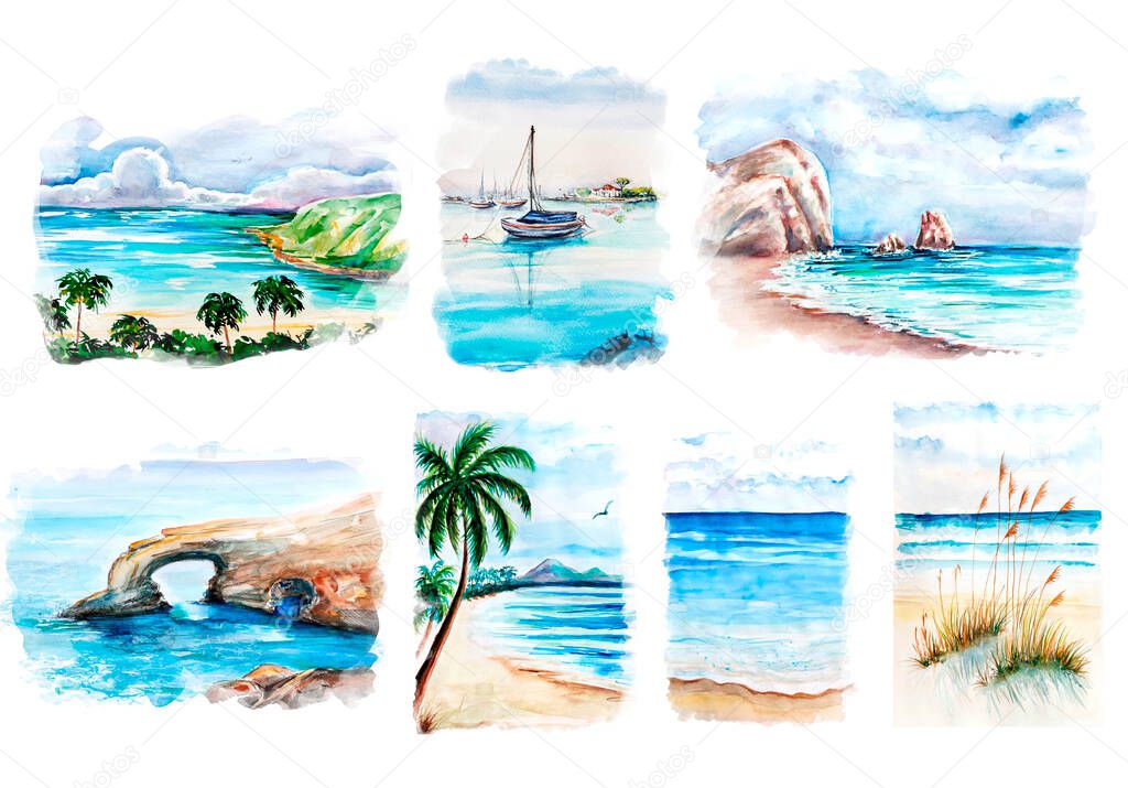 Aquarelle painting of seaside. Hand drawing, illustration art.