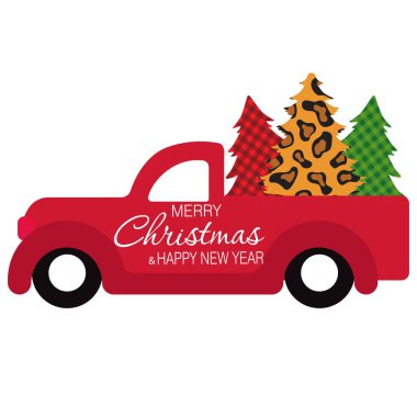 Tatil ağacı olan çizgi film kamyonu. Mesajla çizilmiş komik Mutlu Noeller sanatı. Yazdırma için Vektör Sanatı.