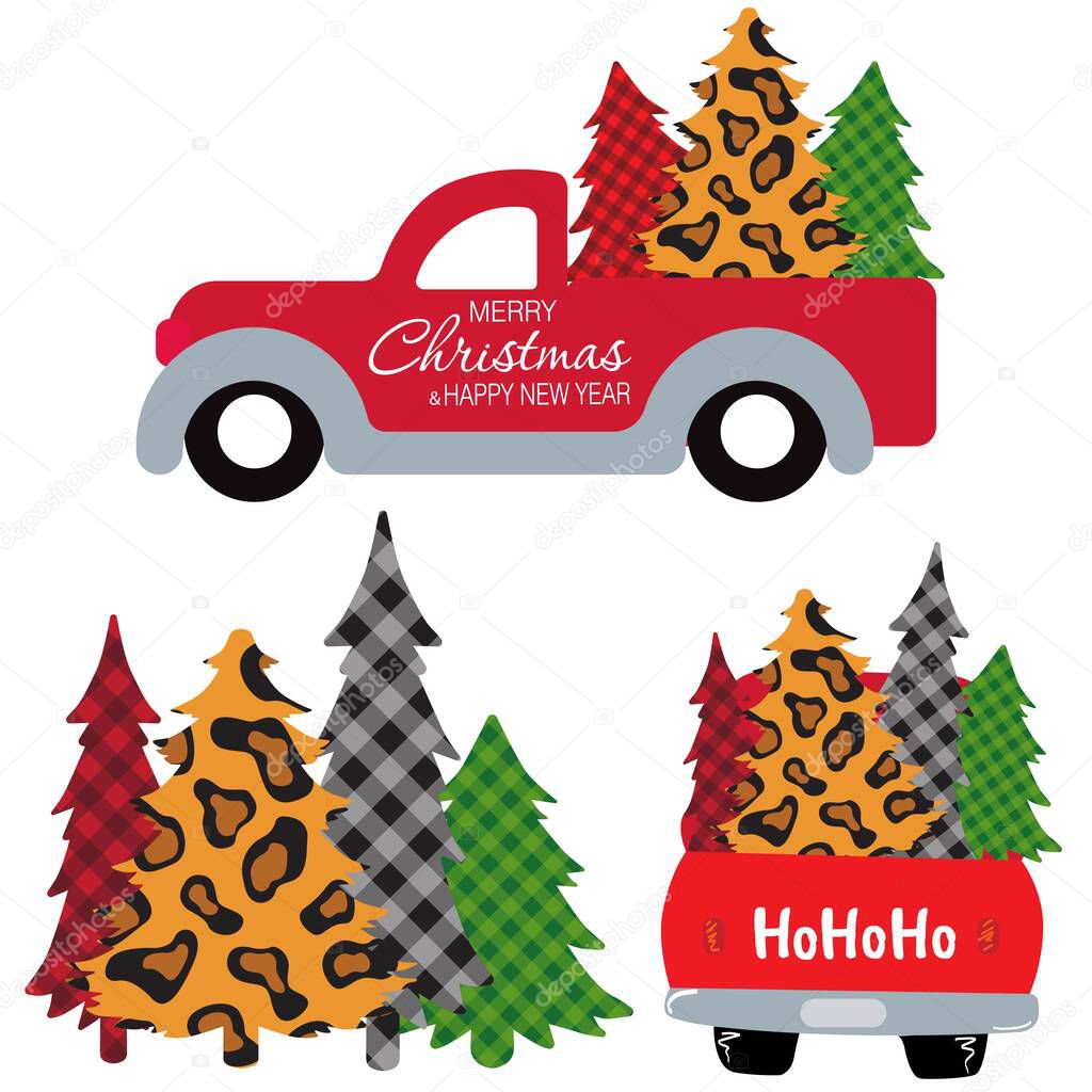 Cartoon truck with holiday tree. Funny Hand-drawn funny Merry Christmas art with text. Vector Art for print