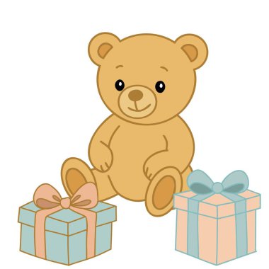 Hediye kutularıyla oyuncak ayı. Beyaz arkaplanda vektör illüstrasyonu