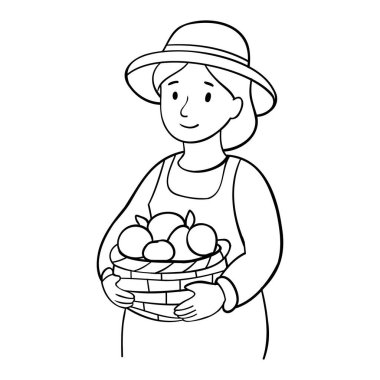 Sepet ve elma vektör çizim tasarımlı çiftçi kadın