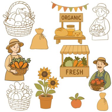 organik gıda ve organik pazar. Sebze ikonları. Düz bir şekilde vektör illüstrasyonu. beyaz arkaplanda izole.