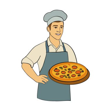 Pizzalı erkek şef, beyaz arka planda illüstrasyon vektörü.