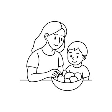 Anne ve oğul elma vektör çizgisi ikonu ile sepette. Beyaz arkaplanda işaret çizelgesi çizimi