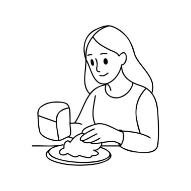 Bir fincan çay ve kruvasanla tabakta oturan bir kadın.