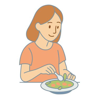 Genç bir kadın çorba içiyor. çizgi film illüstrasyonu.