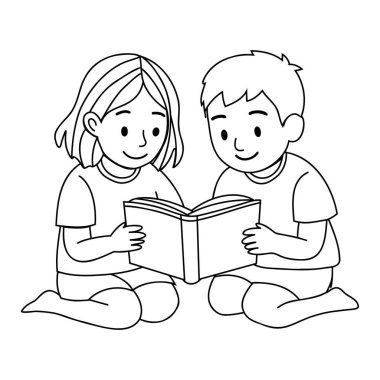 Çocuklar çizgi film çizim vektörü illüstrasyonları grafik ve siyah birlikte kitap okuyorlar.