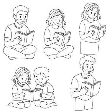 Gençler kitap okuyor ve okuyor. vektör illüstrasyonu