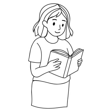 Açık kitap karakter karakter vektör çizimi tasarımı olan genç bir kadın