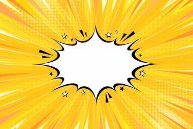 Sarı çizgi roman geçmişi. Dergi, kapak, reklam, afiş, web sitesi için pop art motion background. Sarı Işınlı Pop Sanat Patlaması Çerçevesi.