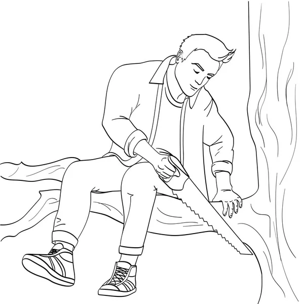 Чоловік розпилює гілку дерева, на якій сидить об'єкт на білому тлі Векторні ілюстрації. Зробіть себе гіршою метафорою . — стоковий вектор