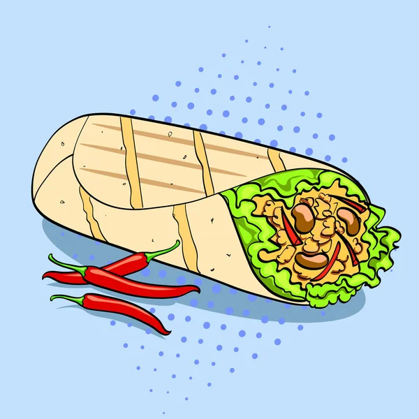 Shawarma et piment pop art fond vecteur alimentaire. Imitation de style BD . — Image vectorielle