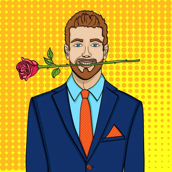 Homem da arte pop, homem de negócios com uma rosa nos dentes. Estilo cômico de imitação, vetor — Vetor de Stock