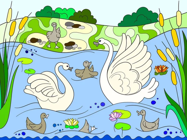 Childrens color book cartoon family of Swan on nature.